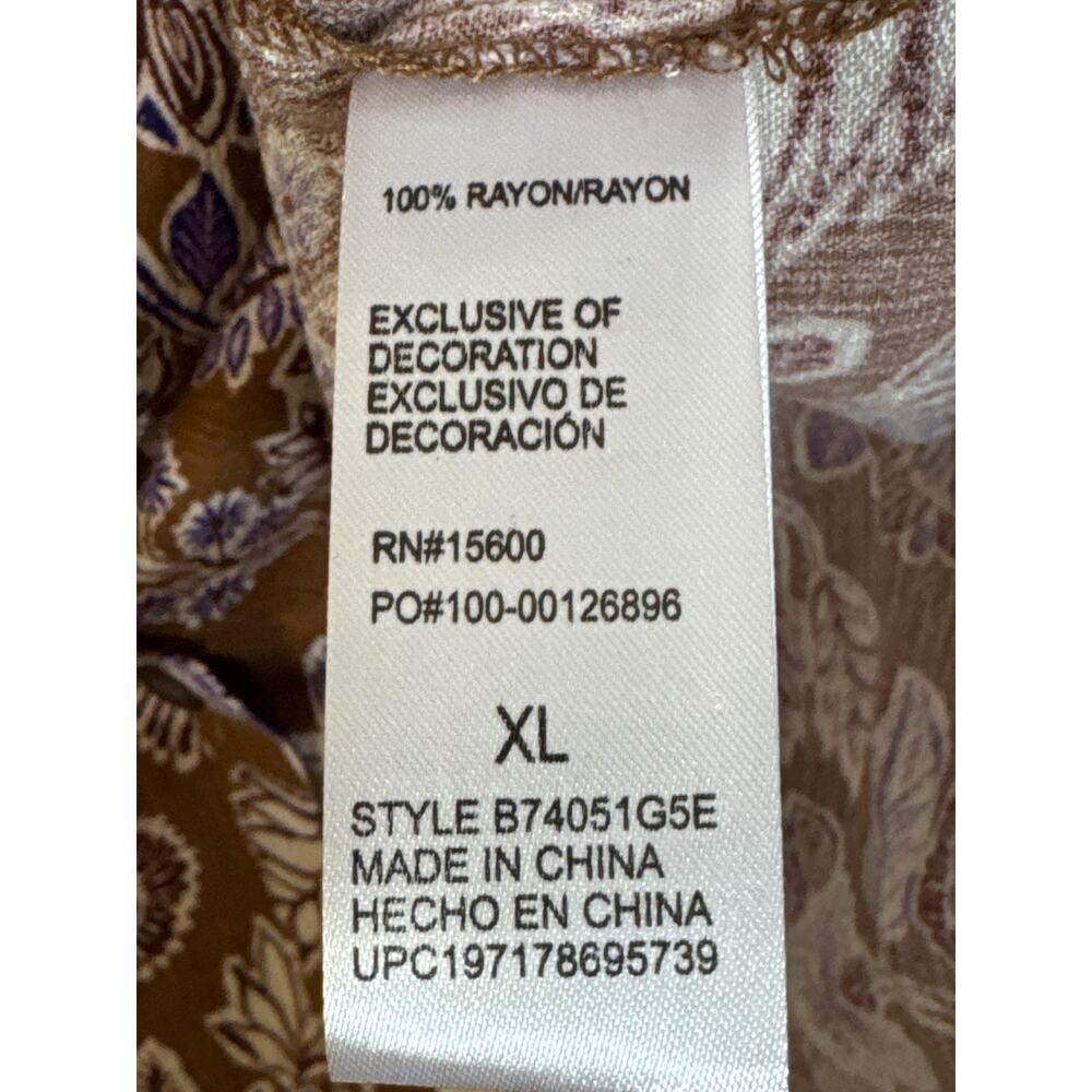 NWT Democracy XL Top Long Sleeve Button Up Brown Cream Purple Floral Lace Accent - Picture 4 of 6